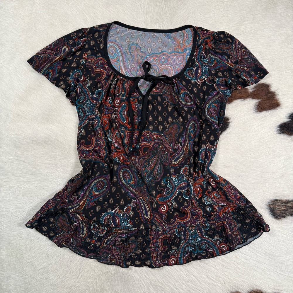 Festival Y2K Vintage Paisley Stretch Baby Tee — M-L